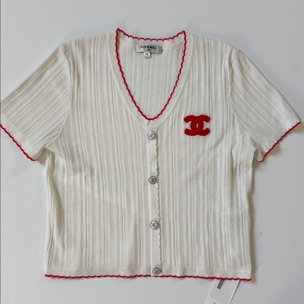 Chanel White Cardigan with Red Trim